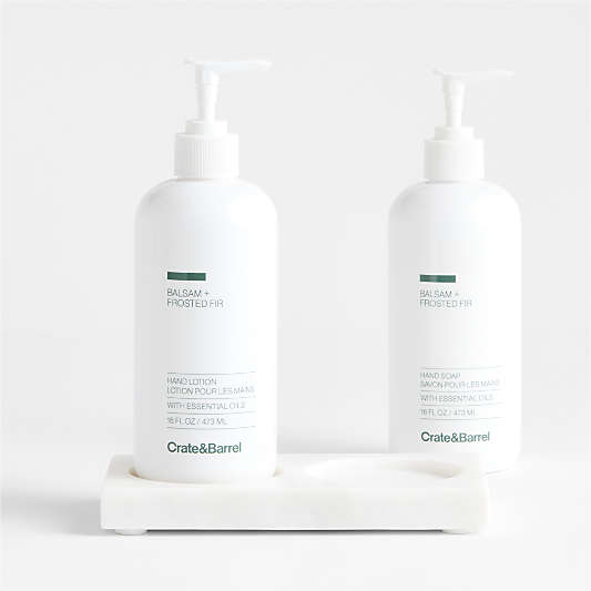 Balsam + Frosted Fir Hand Soap and Lotion Set with White Marble Caddy