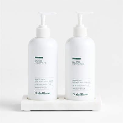 Balsam + Frosted Fir Hand Soap and Lotion Set with White Marble Caddy