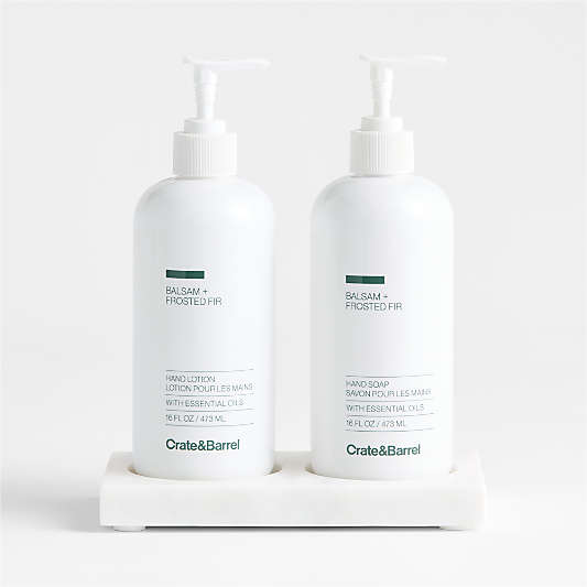 Balsam + Frosted Fir Hand Soap and Lotion Set with White Marble Caddy
