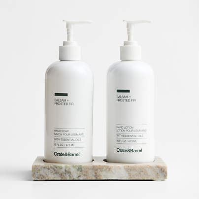 Balsam + Frosted Fir Hand Soap and Lotion Set with Tuscan Marble Caddy