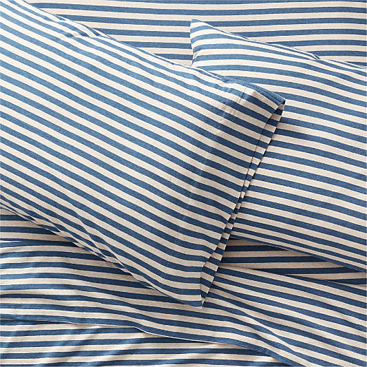 Kids Heathered Jersey Organic Blue Striped Full Sheet Set