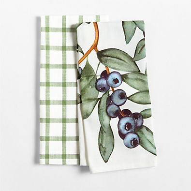 View Blueberry Print + Yarn-Dyed Green Plaid Organic Cotton Kitchen Dish Towel details