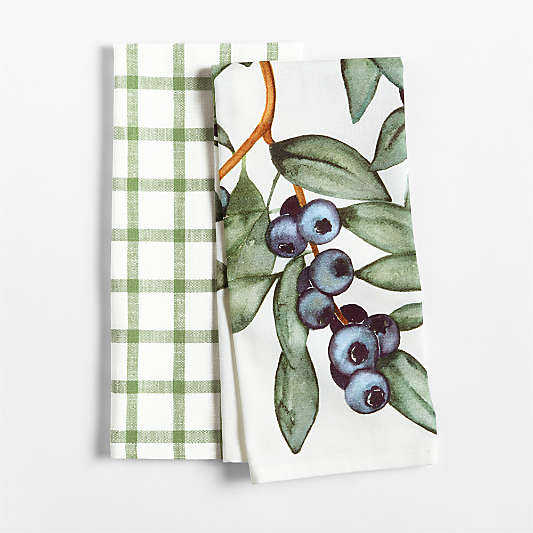 Blueberry Print + Yarn-Dyed Green Plaid Organic Cotton Kitchen Dish Towel