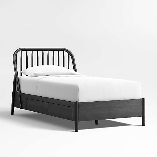 Bodie Ebonized Black Oak Wood Spindle Kids Storage Bed