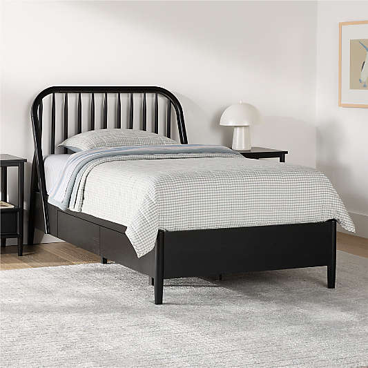 Bodie Ebonized Black Oak Wood Spindle Kids Storage Bed