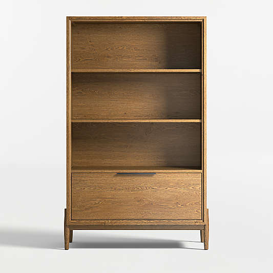 Bodie Tall Flax Brown Wood 3-Shelf Kids Bookcase with Drawer