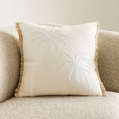 View Embroidered Palm Tree 20"x20" Ivory Throw Pillow with Down-Alternative Insert details