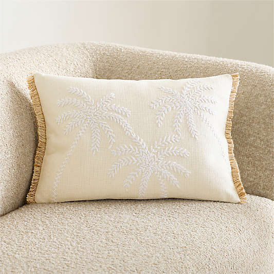 Embroidered Palm Tree 22"x15" Ivory Throw Pillow Cover