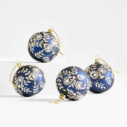 Blue and White Botanical Ball Christmas Tree Ornament, Set of 4