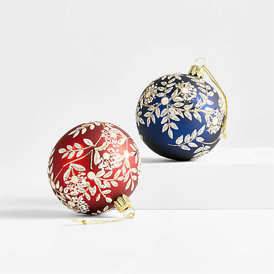 Blue and White Botanical Ball Christmas Tree Ornament, Set of 4