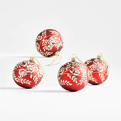 Red and White Botanical Ball Christmas Tree Ornament, Set of 4