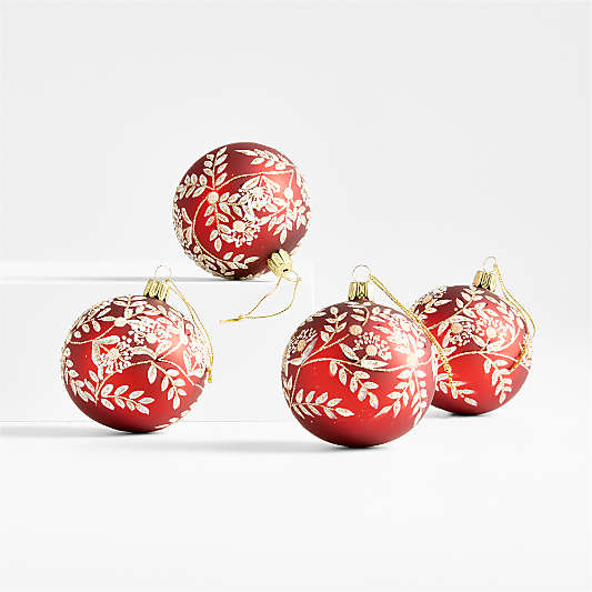 European Red and White Botanical Ball Christmas Tree Ornament, Set of 4