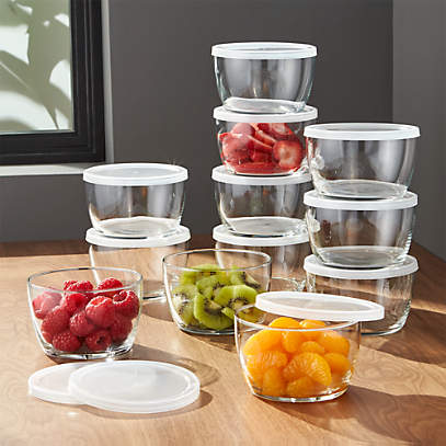 NEW 5 STACKABLE GLASS BOWL BOWLS  FOOD STORAGE KITCHEN SET WITH LIDS RED BLUE 