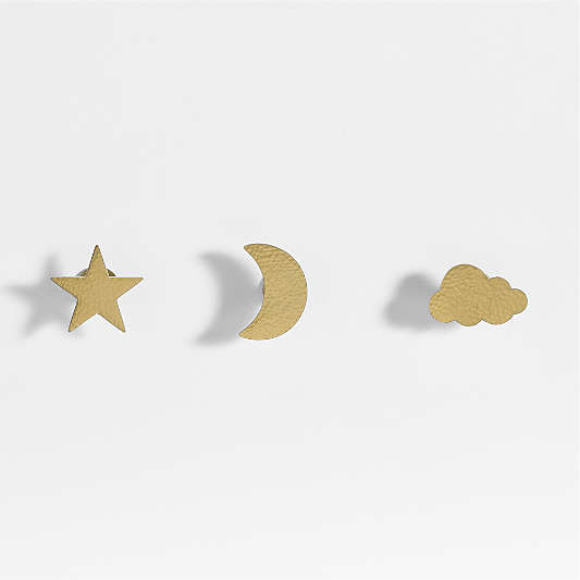 Brass Metal Celestial Kids Wall Hooks, Set of 3