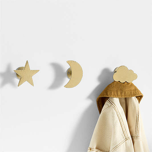 Brass Metal Celestial Kids Wall Hooks, Set of 3