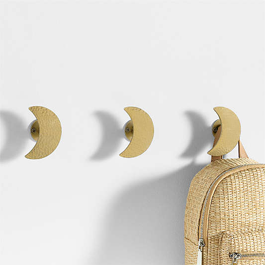 Brass Metal Crescent Moon Kids Wall Hooks, Set of 3