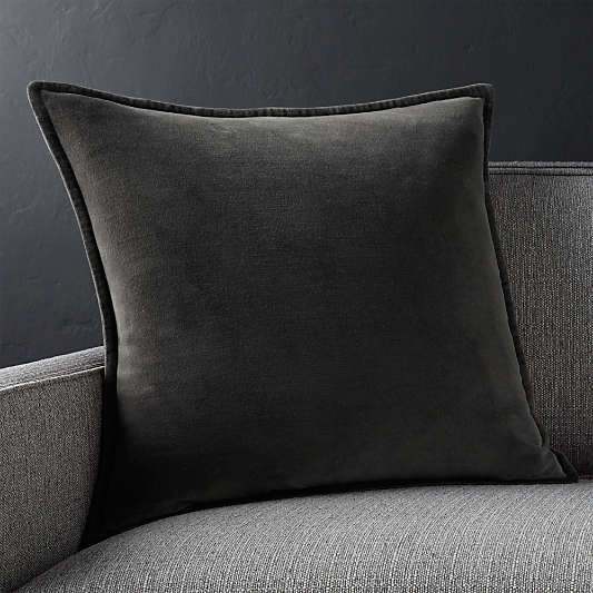 Grey 20" Washed Cotton Velvet Pillow with Feather Insert