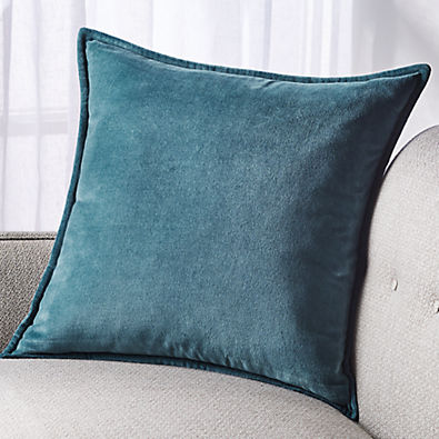 View Teal 20" Washed Cotton Velvet Pillow with Down-Alternative Insert details