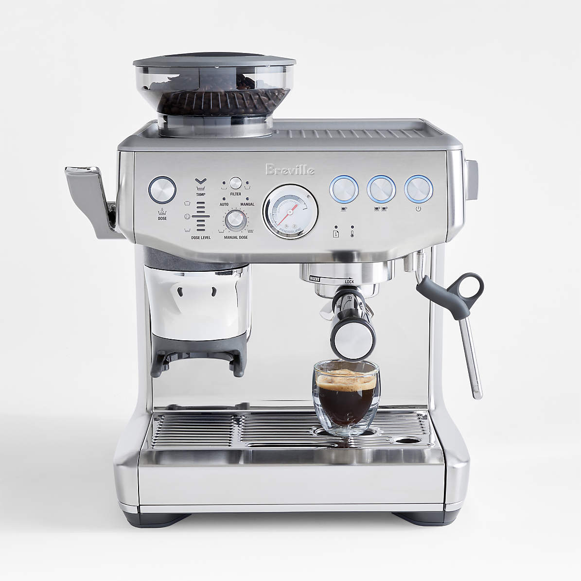 Intacto repentinamente organizar Breville Barista Express Impress Brushed Stainless Steel Espresso Machine +  Reviews | Crate & Barrel
