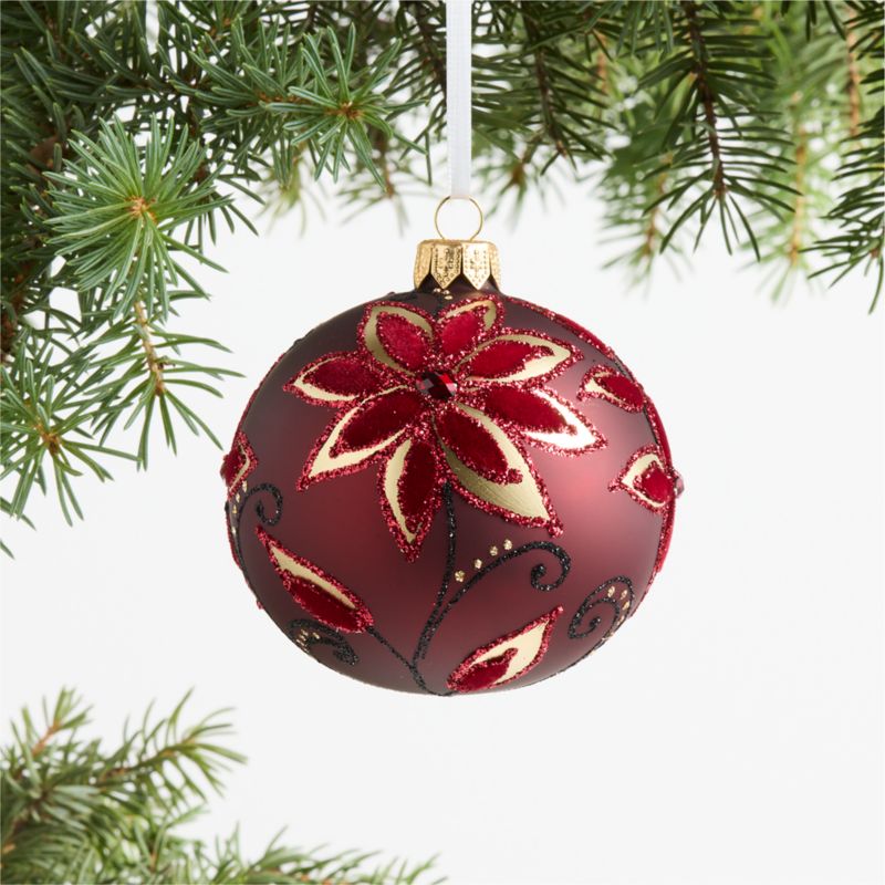 European Burgundy Floral Glass Christmas Tree Ornament Set of 4 - image 1 of 2