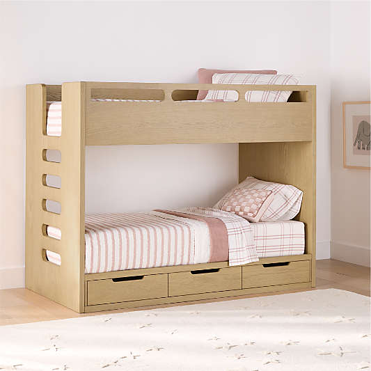 Bridgeman Natural Oak Wood Kids Twin Bunk Bed with Storage Trundle