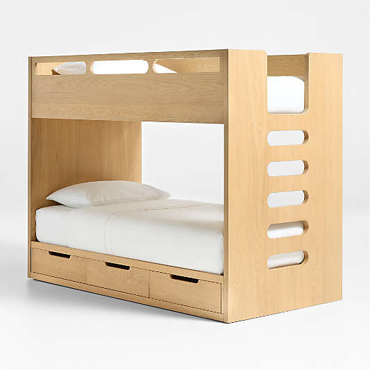 Bridgeman Natural Oak Wood Kids Twin Bunk Bed with Storage Trundle