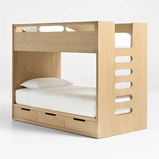 Bridgeman Natural Oak Wood Kids Twin Bunk Bed with Storage Trundle