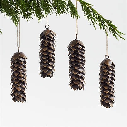 Bronze Metal Pinecone Christmas Tree Ornaments, Set of 4