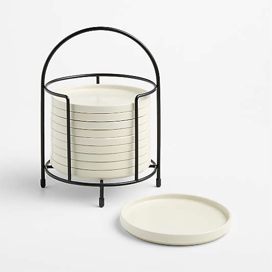 Bristol Ceramic Appetizer Plates with Black Iron Stand, Set of 10