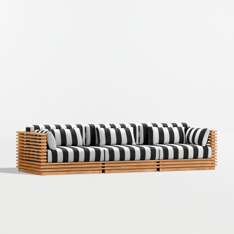 Batten 120" Natural Teak Outdoor Sofa with Black and White Cabana Stripe Sunbrella ® Cushions - image 7 of 10