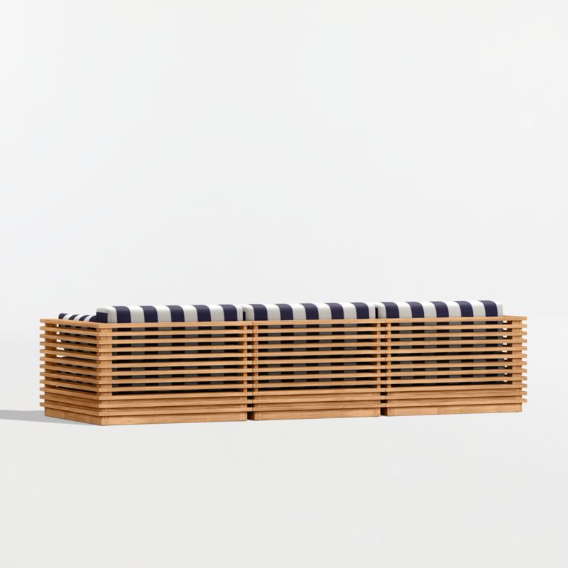 Batten 120" Natural Teak Outdoor Sofa with Navy and White Cabana Stripe Sunbrella ® Cushions - image 9 of 10