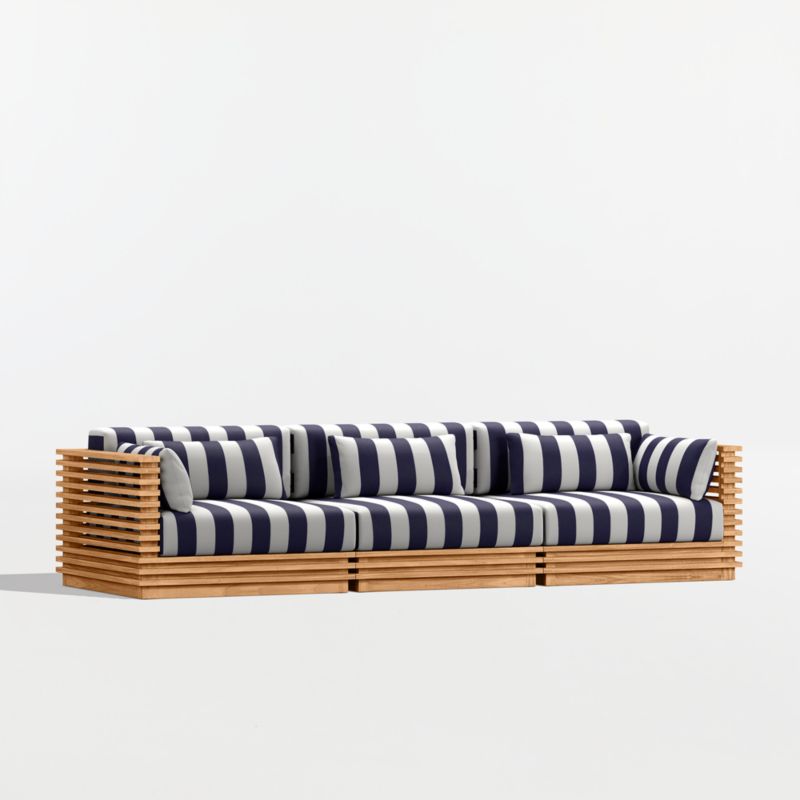 Batten 120" Natural Teak Outdoor Sofa with Navy and White Cabana Stripe Sunbrella ® Cushions - image 7 of 10