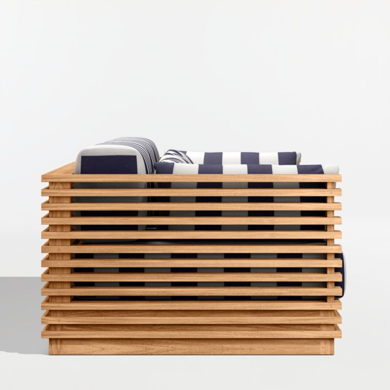 Batten 120" Natural Teak Outdoor Sofa with Navy and White Cabana Stripe Sunbrella ® Cushions - image 8 of 10