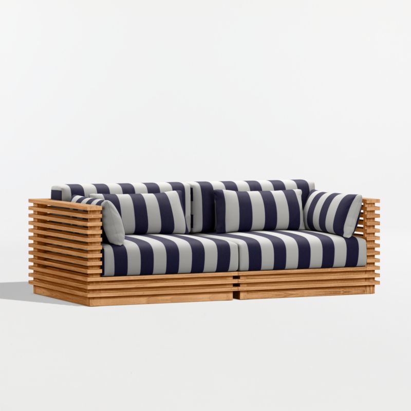 Batten 83" Natural Teak Outdoor Loveseat with Navy and White Cabana Stripe Sunbrella ® Cushions - image 7 of 10