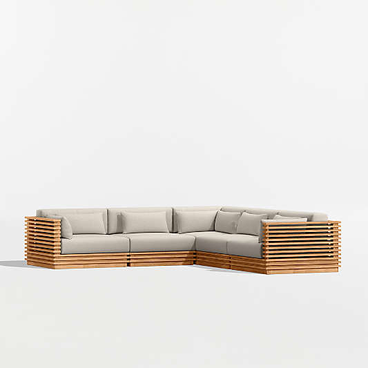 Batten Natural Teak 5-Piece L-Shaped Outdoor Sectional Sofa with Canvas Flax Sunbrella ® Cushions