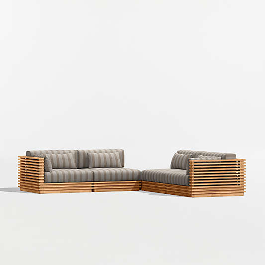 Batten Natural Teak 5-Piece L-Shaped Outdoor Sectional Sofa with Corner Coffee Table & Range Dune Stripe Sunbrella ® Cushions