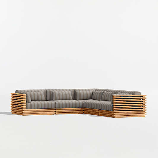 Batten Natural Teak 5-Piece L-Shaped Outdoor Sectional Sofa with Range Dune Stripe Sunbrella ® Cushions