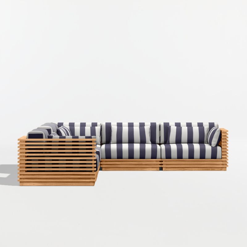 Batten Natural Teak 6-Piece L-Shaped Outdoor Sectional Sofa with Side Coffee Table & Navy and White Cabana Stripe Sunbrella ® Cushions - image 9 of 11