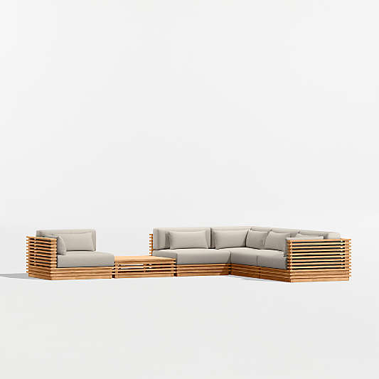 Batten Natural Teak 6-Piece L-Shaped Outdoor Sectional Sofa with Side Coffee Table & Canvas Flax Sunbrella ® Cushions