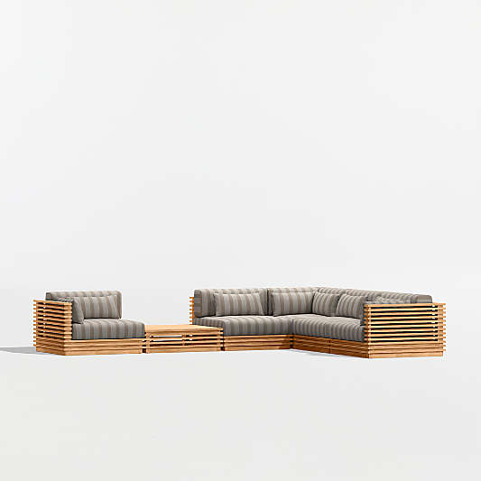 Batten Natural Teak 6-Piece L-Shaped Outdoor Sectional Sofa with Side Coffee Table & Range Dune Stripe Sunbrella ® Cushions