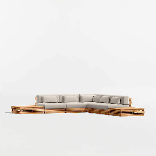 Batten Natural Teak 7-Piece L-Shaped Outdoor Sectional Sofa with Side Coffee Tables & Canvas Flax Sunbrella ® Cushions