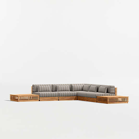 Batten Natural Teak 7-Piece L-Shaped Outdoor Sectional Sofa with Side Coffee Tables & Range Dune Stripe Sunbrella ® Cushions
