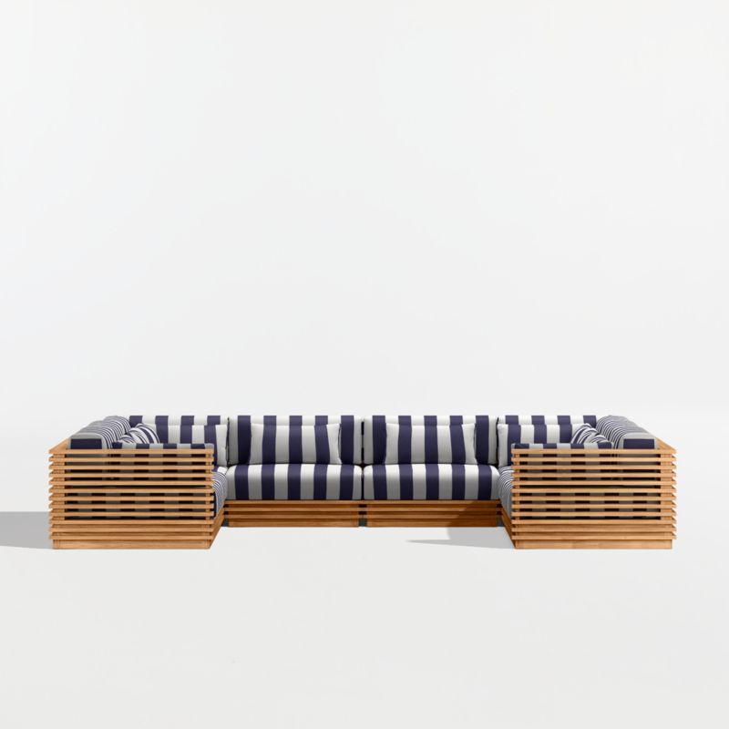 Batten Natural Teak 8-Piece U-Shaped Outdoor Sectional Sofa with Navy and White Cabana Stripe Sunbrella ® Cushions - image 8 of 10