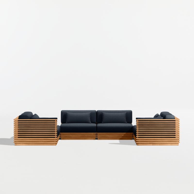 Batten Natural Teak 8-Piece U-Shaped Outdoor Sectional Sofa with Corner Coffee Tables & Canvas Navy Sunbrella ® Cushions - image 8 of 11