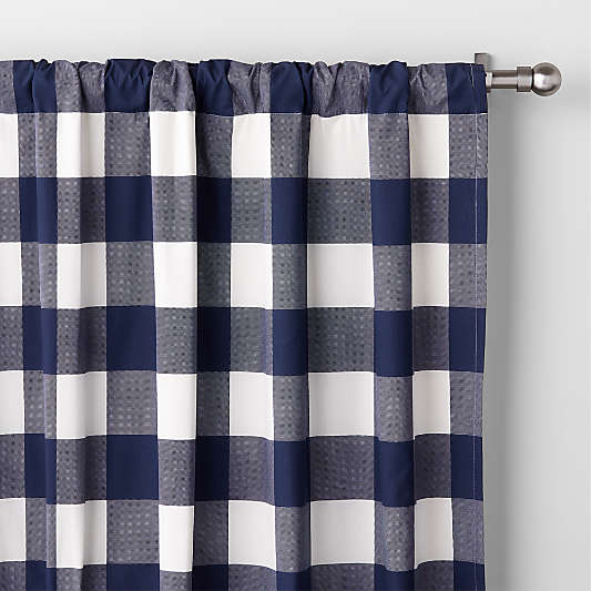 Navy Blue Buffalo Check Organic Cotton Window Curtain Panel