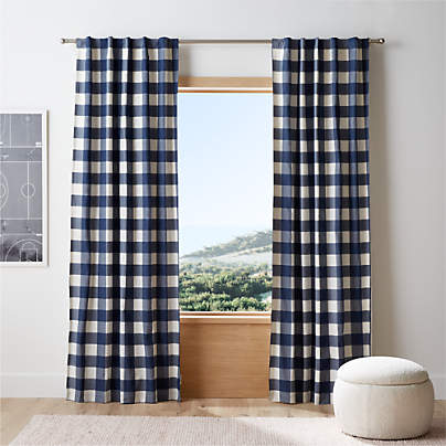 Navy Buffalo Check Cotton Blackout Window Curtain Panel 44"x63"