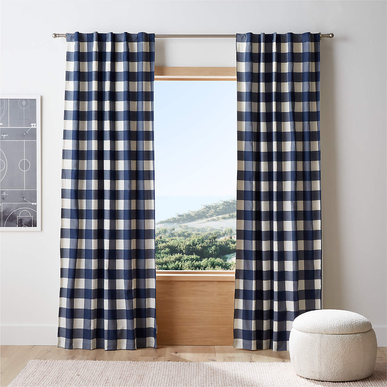 Navy Buffalo Check Cotton Blackout Window Curtain Panel 44