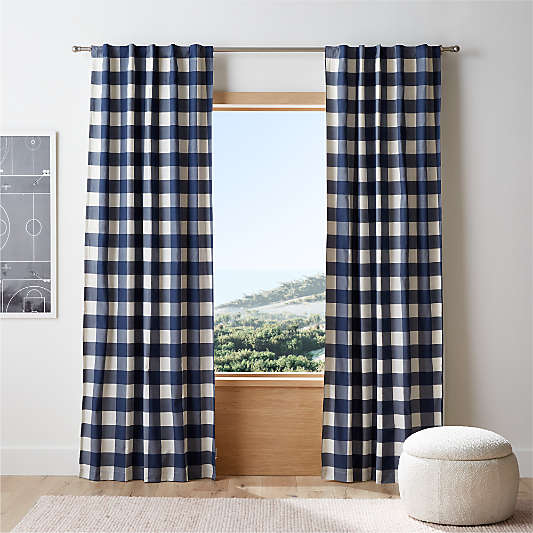 Navy Buffalo Check Cotton Blackout Window Curtain Panel 44"x84"