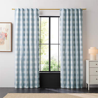 Mist Blue Buffalo Check Organic Cotton Blackout Window Curtain Panel 44"x96"