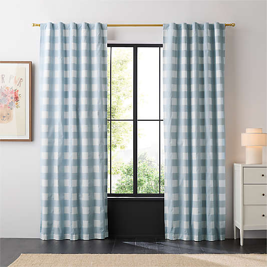 Mist Blue Buffalo Check Organic Cotton Blackout Window Curtain Panel
